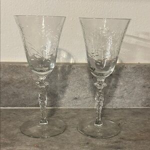 Vintage Tiffin Franciscan Crystal  Clear Etched Wine Glass Pair